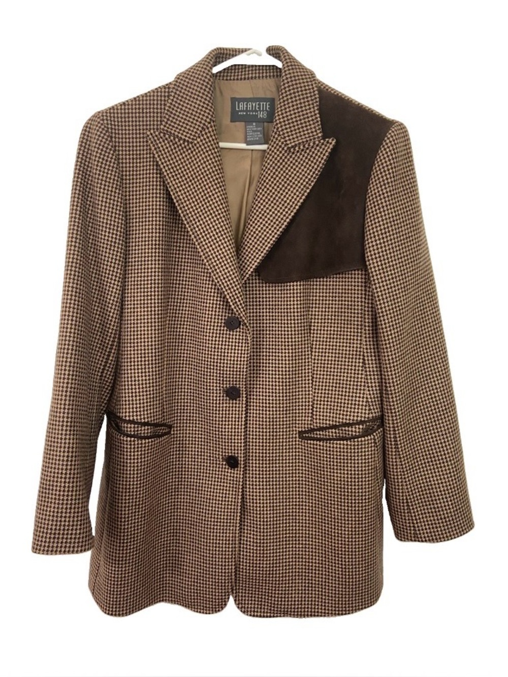 Vintage Lafayette 148 Blazer Womens 8 Brown Tweed Wool Houndstooth Equestrian